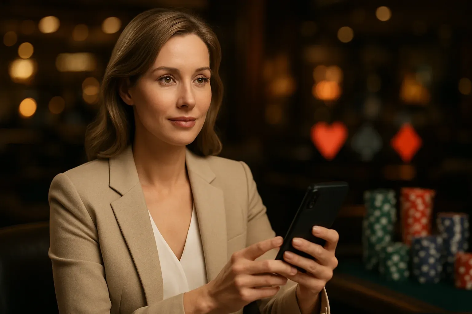 Sophisticated British woman holding smartphone in modern London casino lounge