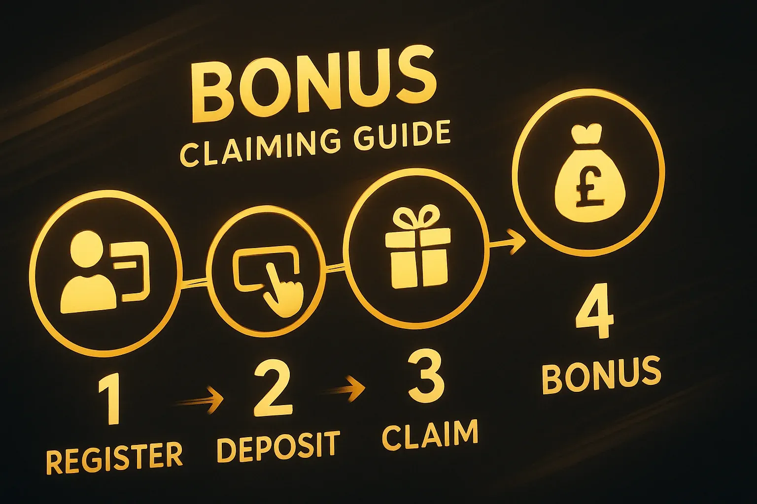 Four-step bonus claiming infographic with numbered circles, arrows, gold accents