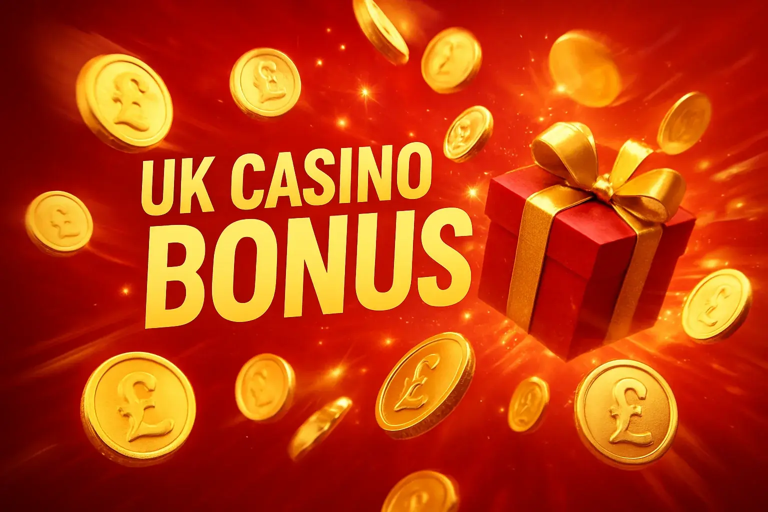 UK casino bonus banner with golden coins, gift boxes and pound symbols