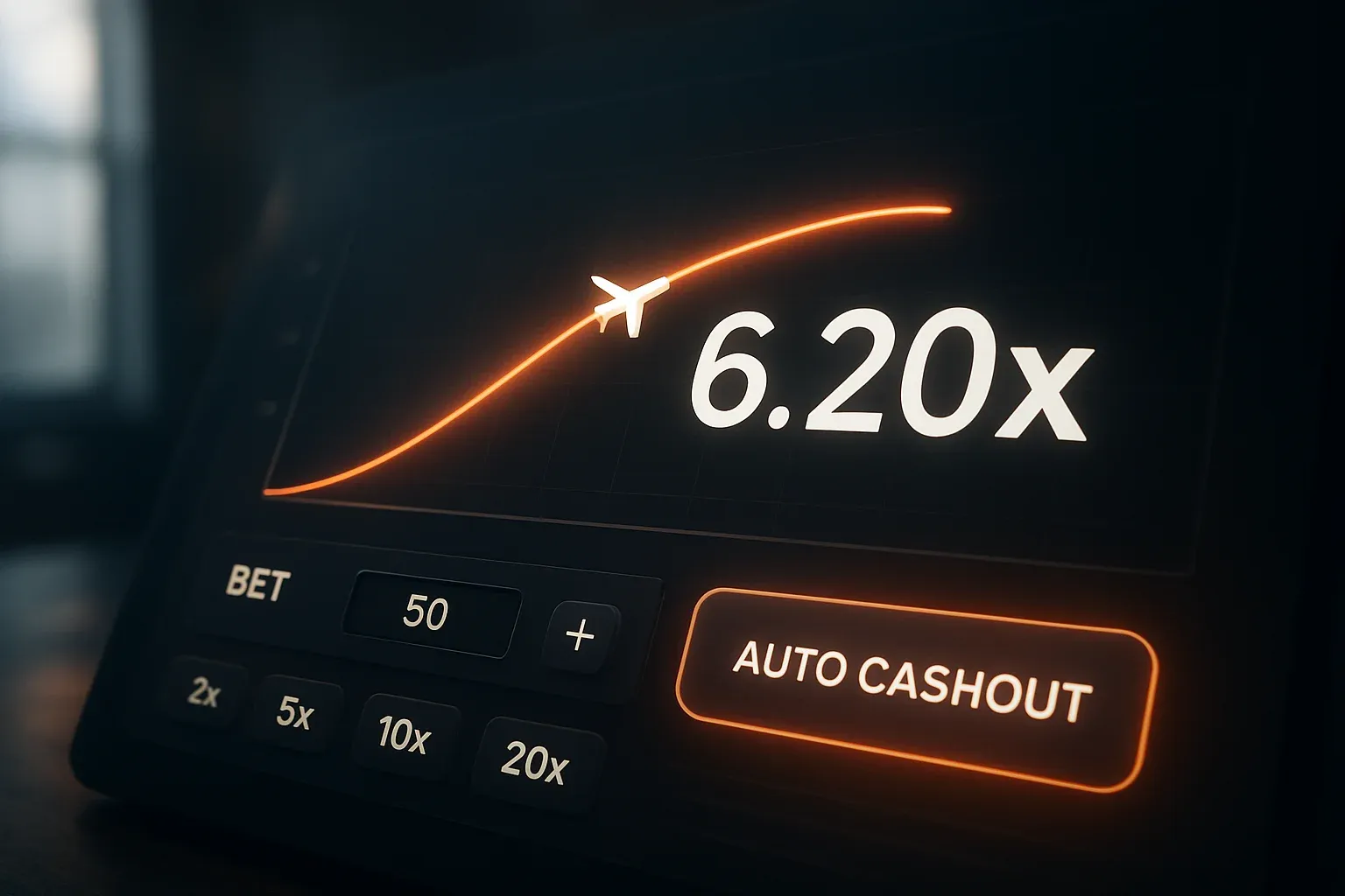Crash game UI with aircraft trajectory multiplier curve and bet controls