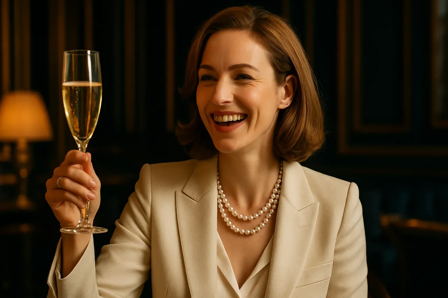 Classy British woman celebrating in an exclusive London club interior