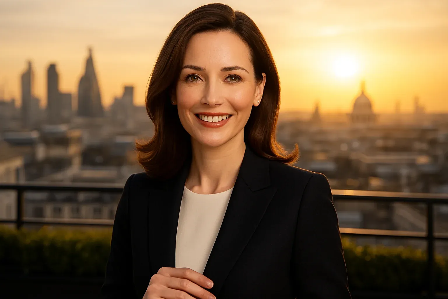 Sophisticated British woman smiling on London rooftop terrace at golden sunset