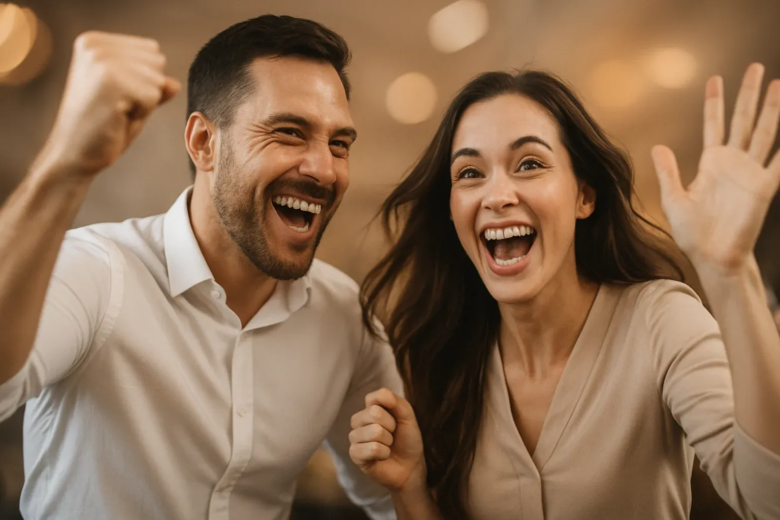 Photorealistic portrait of smiling man and woman celebrating with warm bokeh lighting