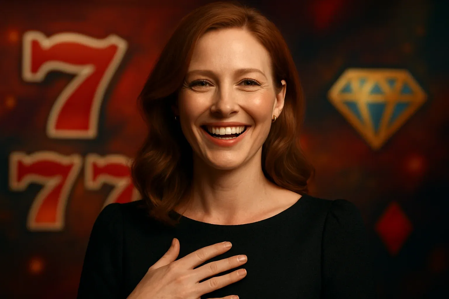Classy British woman with auburn hair, lucky sevens and diamond symbols backdrop