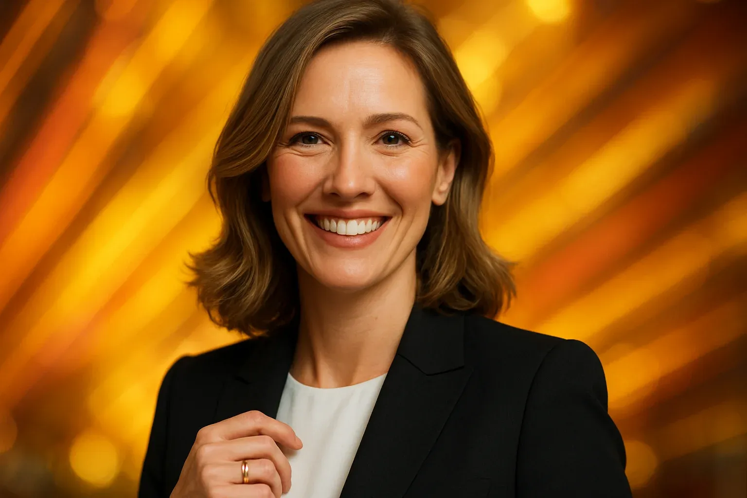 High-resolution portrait of happy British woman in chic casino setting