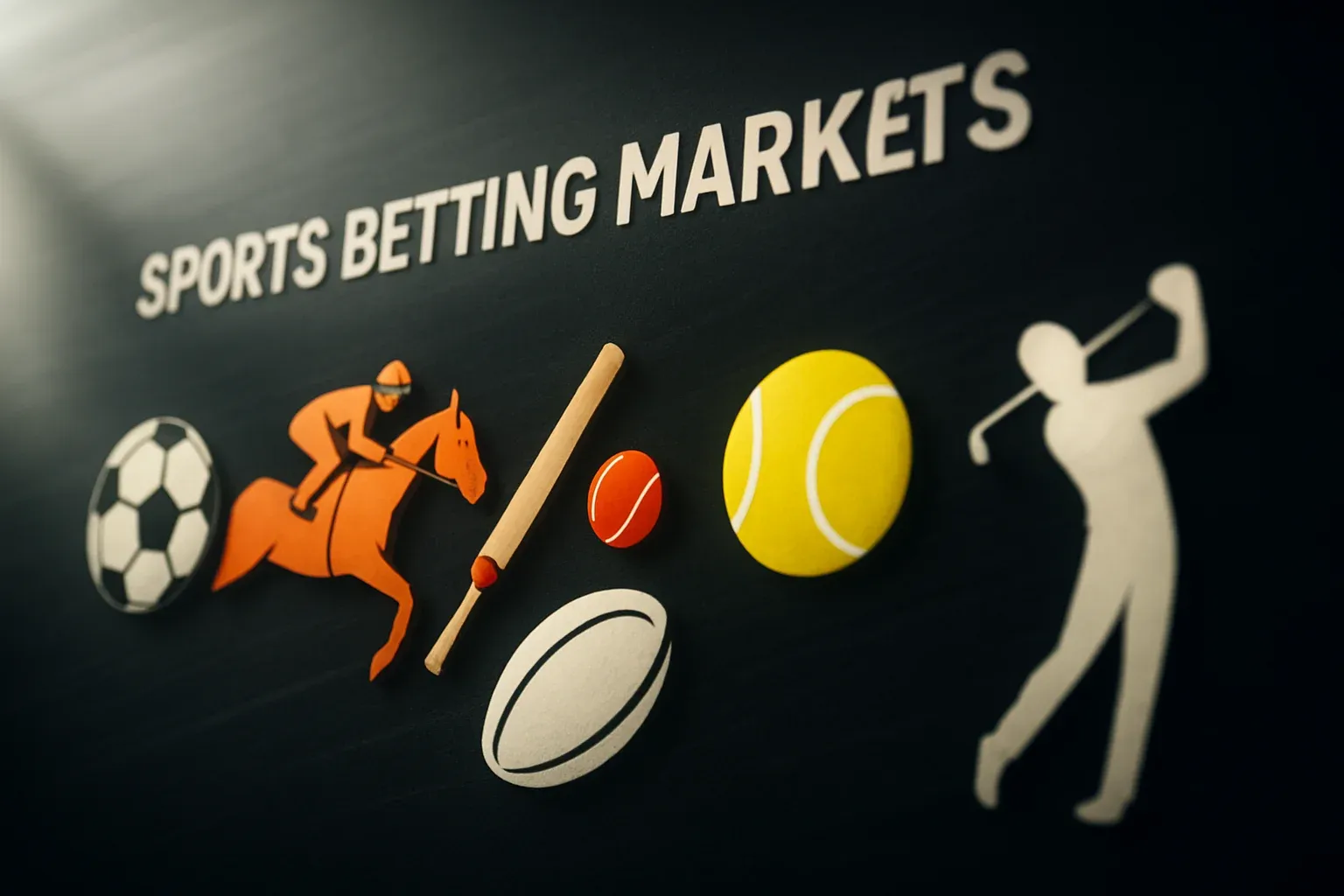 Vivid UK sports betting market icons on dark premium background